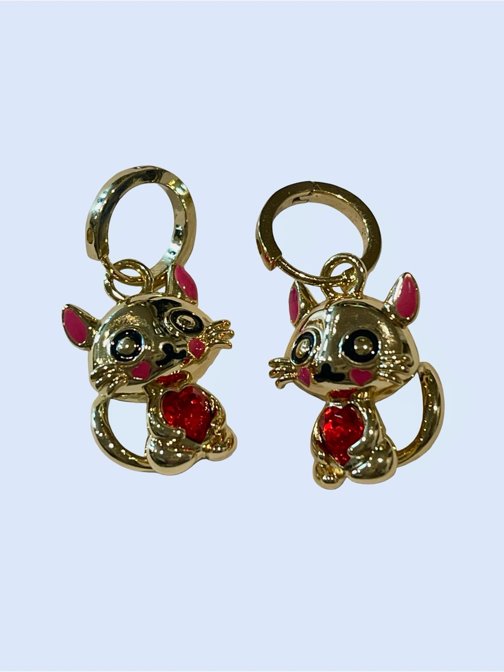 Cat Earrings with Red Heart Zirconia Stones